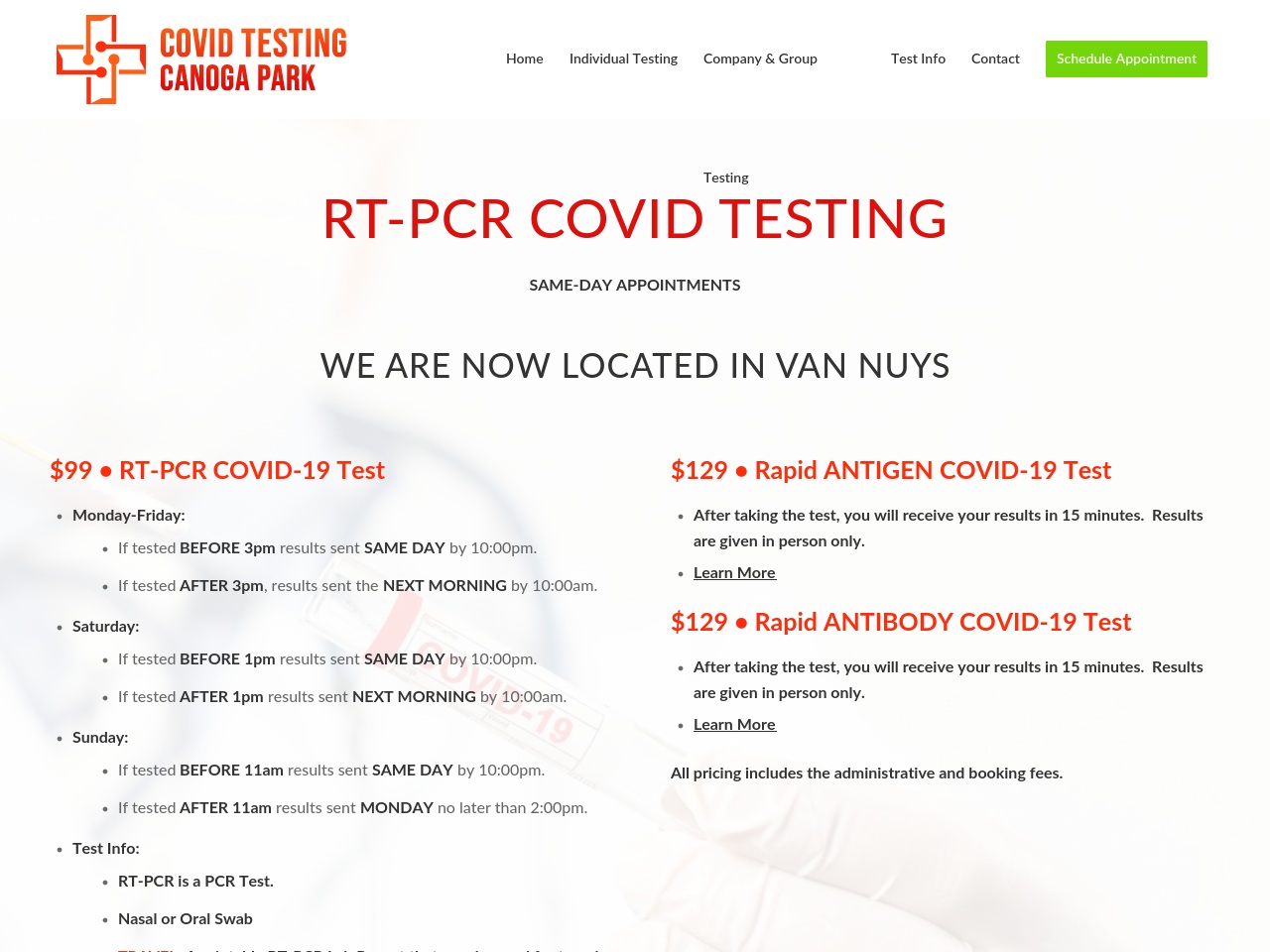 covidtestingcanogapark.com screenshot alt-text
