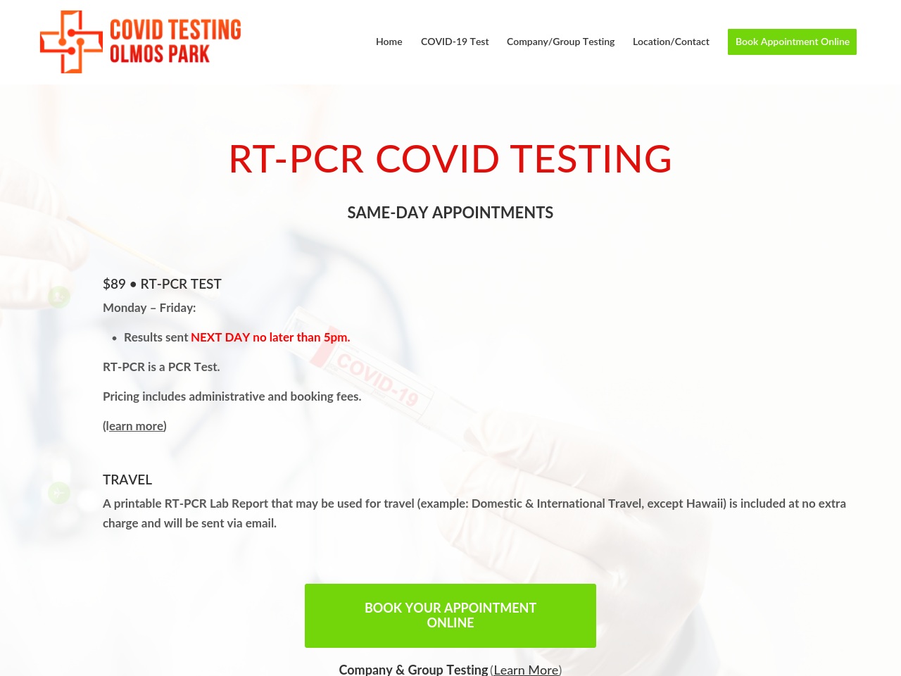 covidtestingolmospark.com screenshot alt-text