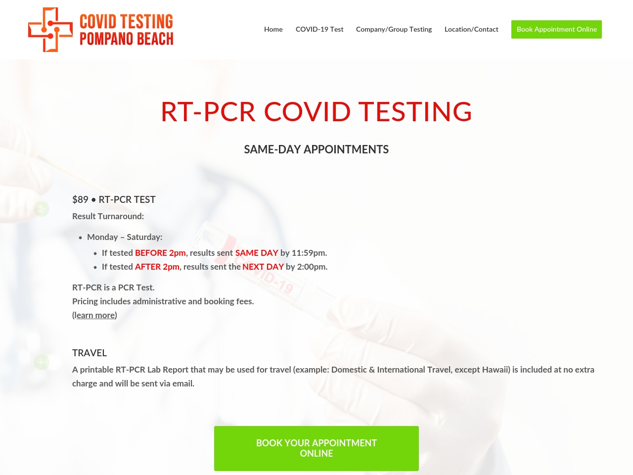 covidtestingpompanobeach.com screenshot alt-text
