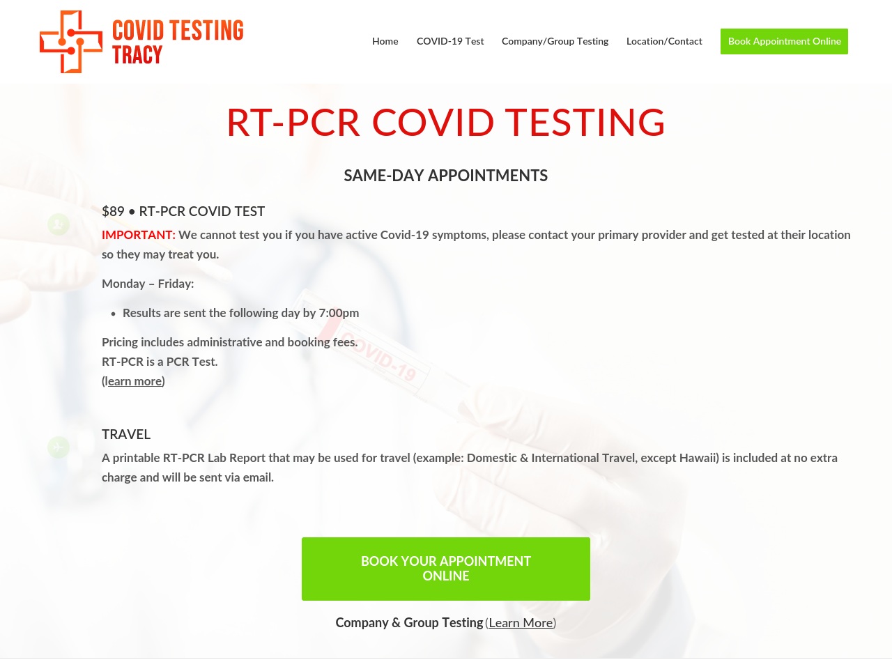 covidtestingtracy.com screenshot alt-text